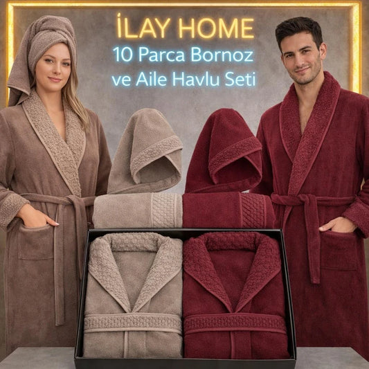 10 PARÇA BORNOZ AİLE SETİ / bordo-kahve