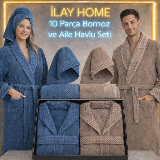 10 PARÇA BORNOZ AİLE SETİ / koyu mavi-kahve