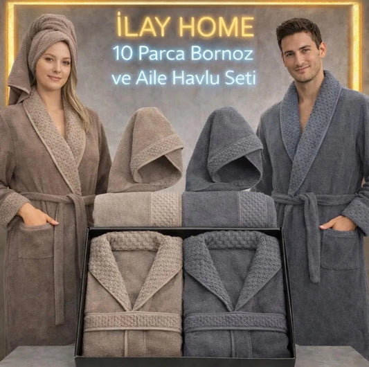 10 PARÇA BORNOZ AİLE SETİ / antrasit-kahve