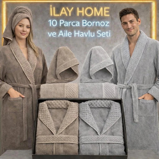 10 PARÇA BORNOZ AİLE SETİ / açık gri - kahve